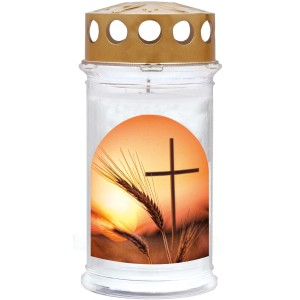 Motiv-Grablicht Ambrosius mit Ähre und Kreuz, Brenndauer 5 Tage, wetterfest.