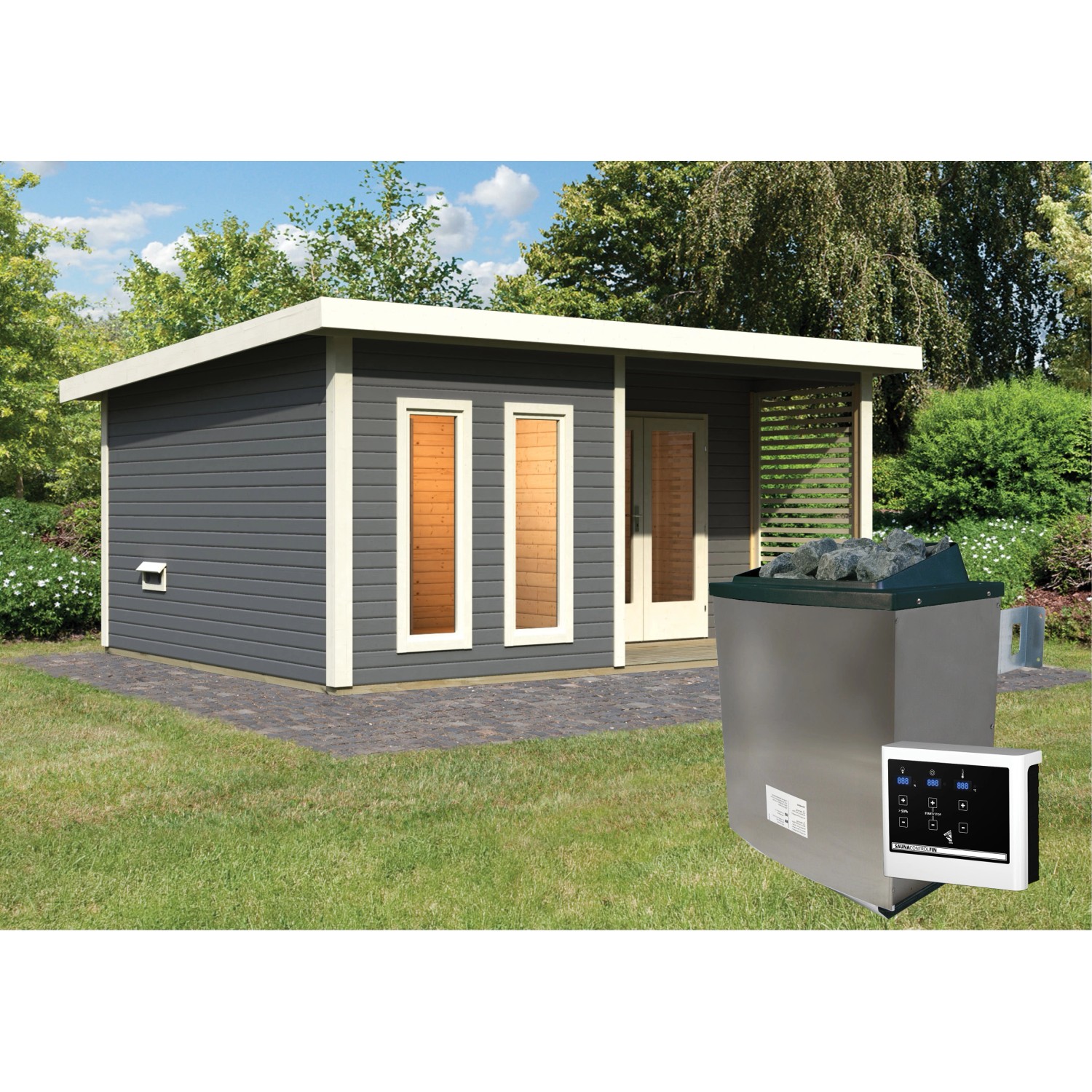 Karibu Saunahaus Magnus 5 Set A terragrau mit Ofen und Steuerung im Garten.