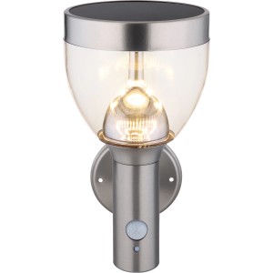 LED-Solar-Wandleuchte aus Edelstahl mit Bewegungsmelder für den Außenbereich.