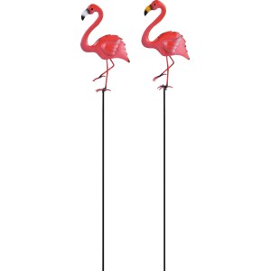 Zwei gelb-weiße Flamingo Gartenstecker aus Metall, 70 cm hoch.