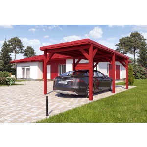 Holzbrüder Einzelcarport Ralf, oxidrot mit Blechdach, Auto steht darunter.