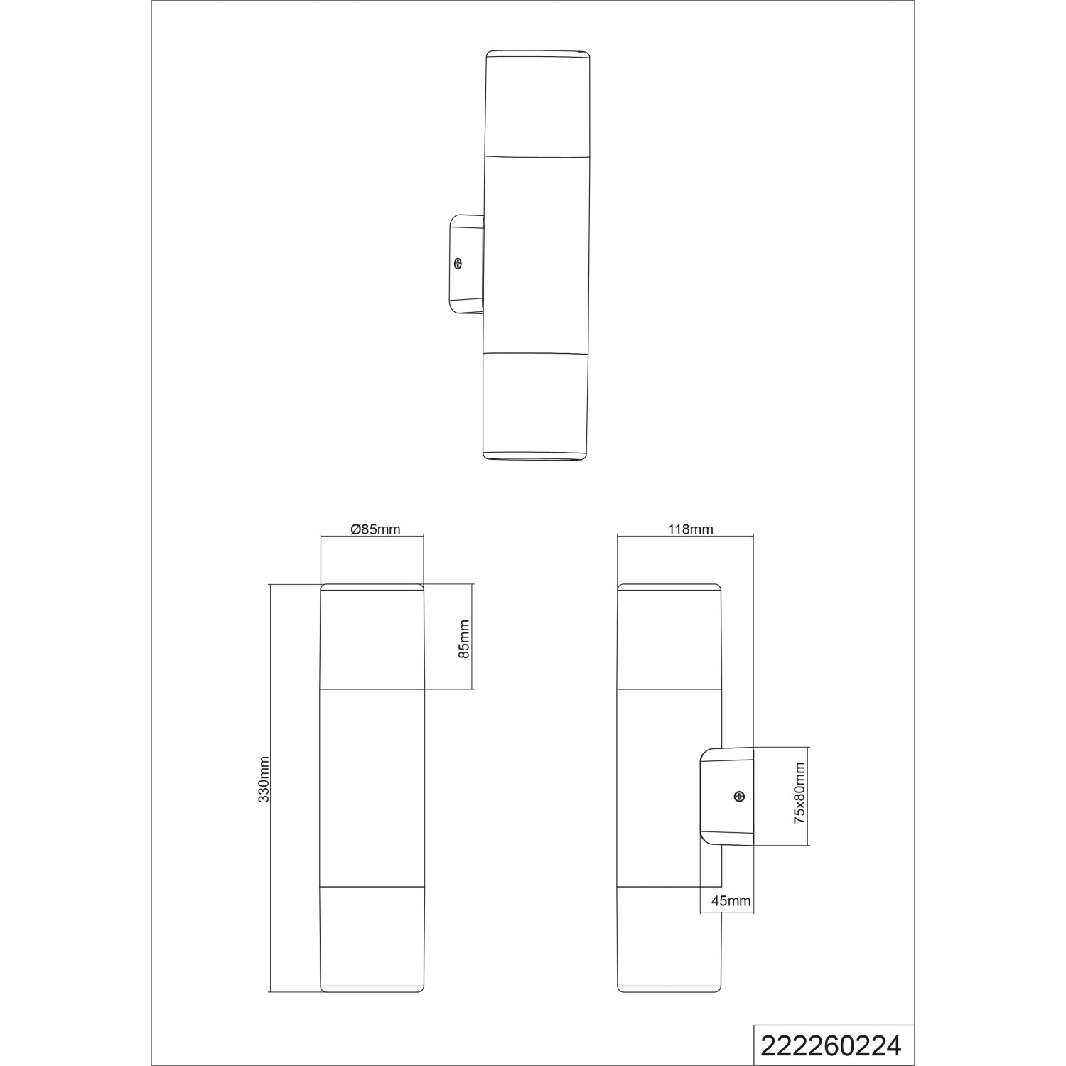 Technische Zeichnung der Trio Hoosic Außenwandleuchte, rostfarbig, mit Maßen.