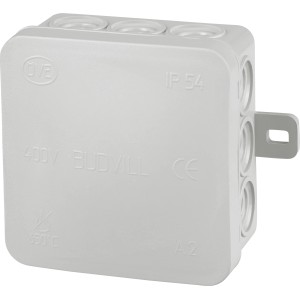 Grauer Abzweigkasten Aufputz, 70x70mm, IP54, mit 12 Anschlussmöglichkeiten für Innen- und Außenbereich.