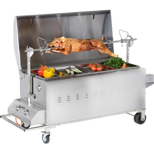 Tepro Gasgrill Columbus Spanferkelgrill aus Edelstahl mit Spanferkel am Spieß und Gemüse.