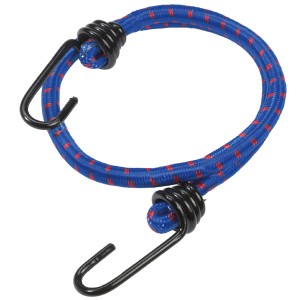 Blauer Gepäckträgergurt mit roten Akzenten und zwei schwarzen Rundhaken.