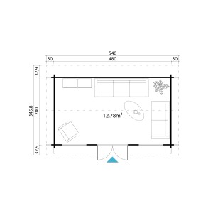 Grundriss Gartenhaus Lasita Maja Pembrokeshire 53 Natur, 480x280 cm, mit Maßen und Einrichtungsskizze.