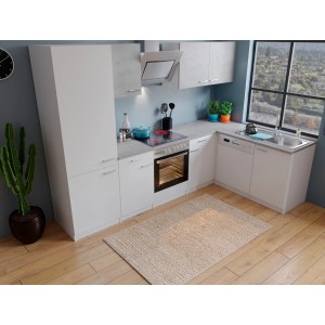 Respekta Winkelküche in Weiß und Beton-Optik mit E-Geräten und Spüle.