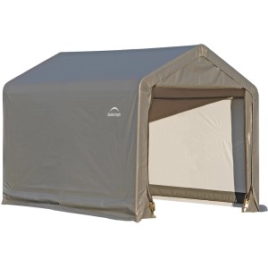 Graues ShelterLogic Foliengerätehaus, 5,4 m², mit offenem Eingang. Ideal zur Lagerung im Garten.