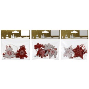 Holzhänger Rot/Weiß, 4er-Set mit Stern-, Elch- und Tannenbaum-Motiven, Weihnachtsdekoration.