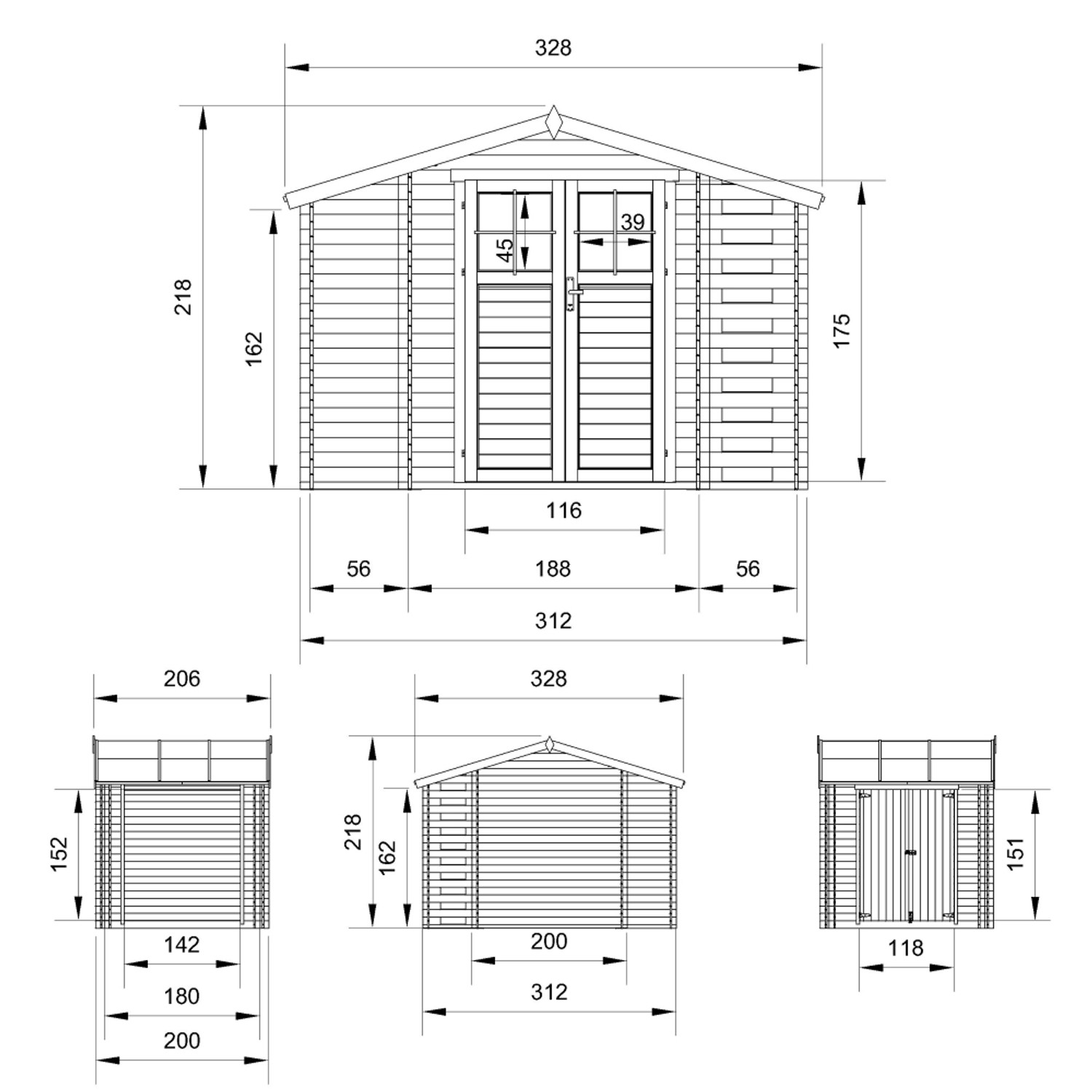 Technische Zeichnung: Timbela Holz-Gartenhaus M389F, 5,47 m², beige-braun, mit Maßangaben.