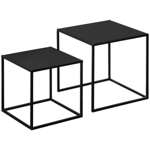 Zwei schwarze, eckige Couchtische aus Stahlgestell. Modernes 2er-Set Satztische für Wohnzimmer.