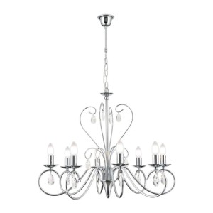 Eleganter Chrom Kronleuchter Alessia mit 8 E14 Fassungen und funkelnden Kristallanhängern. Ideal für Esszimmer & Wohnbereiche.