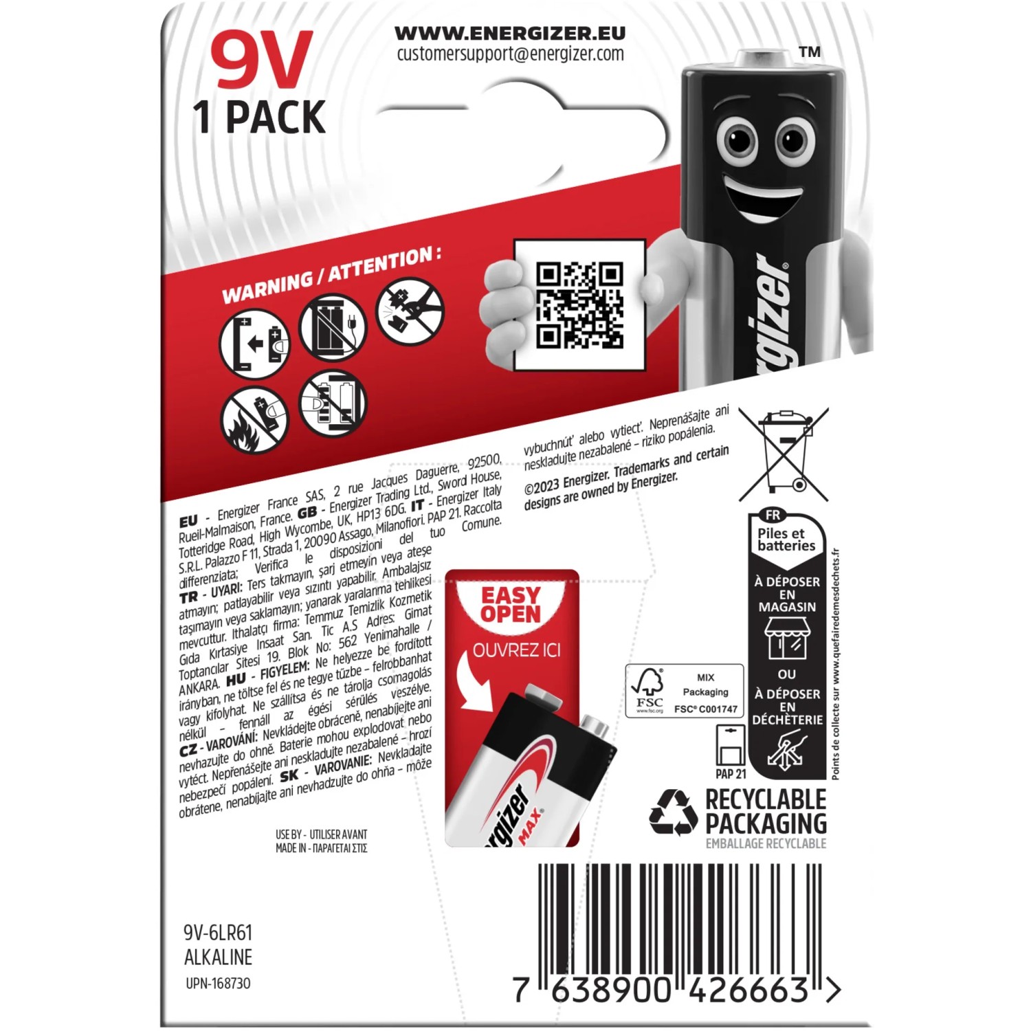 Energizer Max 9V E-Block Alkaline Batterie, 1 Stück. Ideal für anspruchsvolle Geräte.