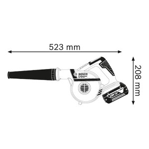 Bosch Professional Akku-Gebläse GBL 18 V-120. Seitenansicht mit Maßen: 523 mm Länge, 208 mm Höhe.