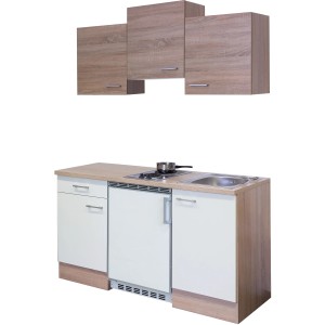 Flex-Well Singleküche Florida, 150 cm, Weiß/Sonoma Eiche, mit Kochfeld und Kühlschrank.