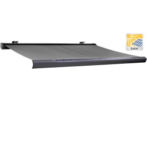 Anthrazitfarbene Kassettenmarkise Maraca 4x2,5m mit Solarbetrieb für Balkon und Terrasse.