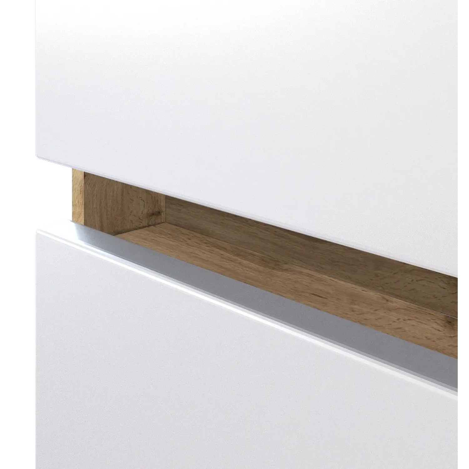 Detailaufnahme: Held Möbel Hochschrank Salerno, weiß-Wotaneiche, Schublade mit Griffmulde.