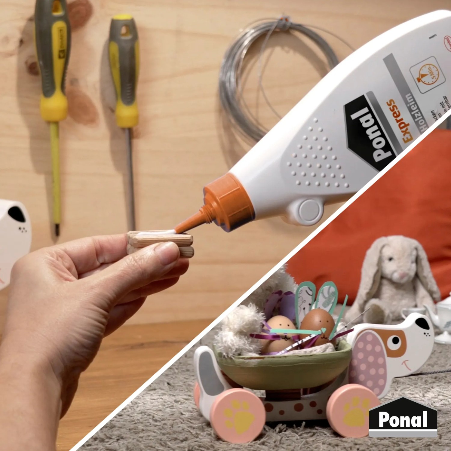 Ponal Express Holzleim: Flasche beim Verleimen von Holzteilen, Kinderspielzeug im unteren Bild.
