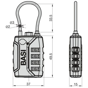 Basi TSA Kofferschloss KS 625, schwarz, mit flexiblem Stahlseil und 4-stelliger Zahlenkombination für Gepäck.