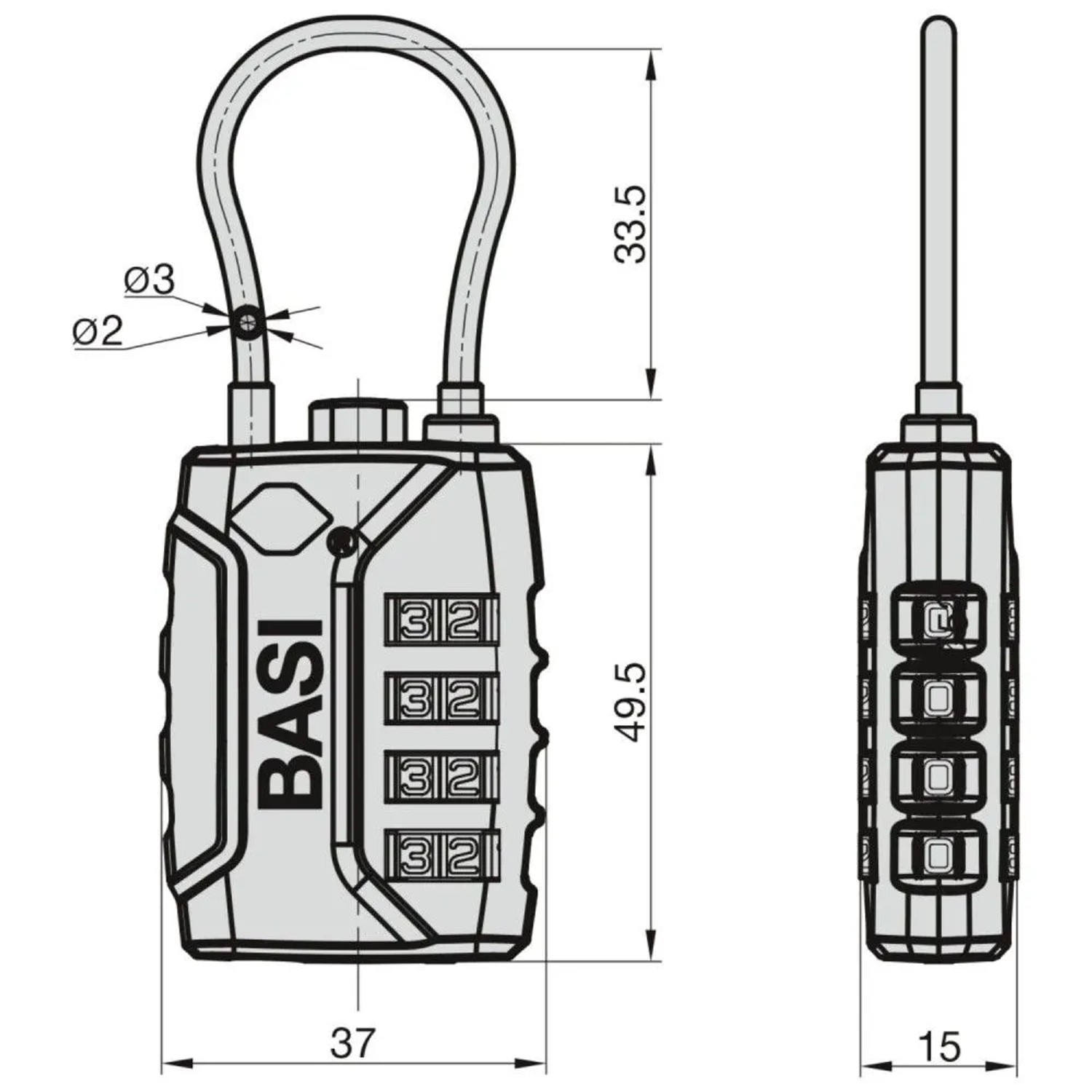 Basi TSA Kofferschloss KS 625, schwarz, mit flexiblem Stahlseil und 4-stelliger Zahlenkombination für Gepäck.