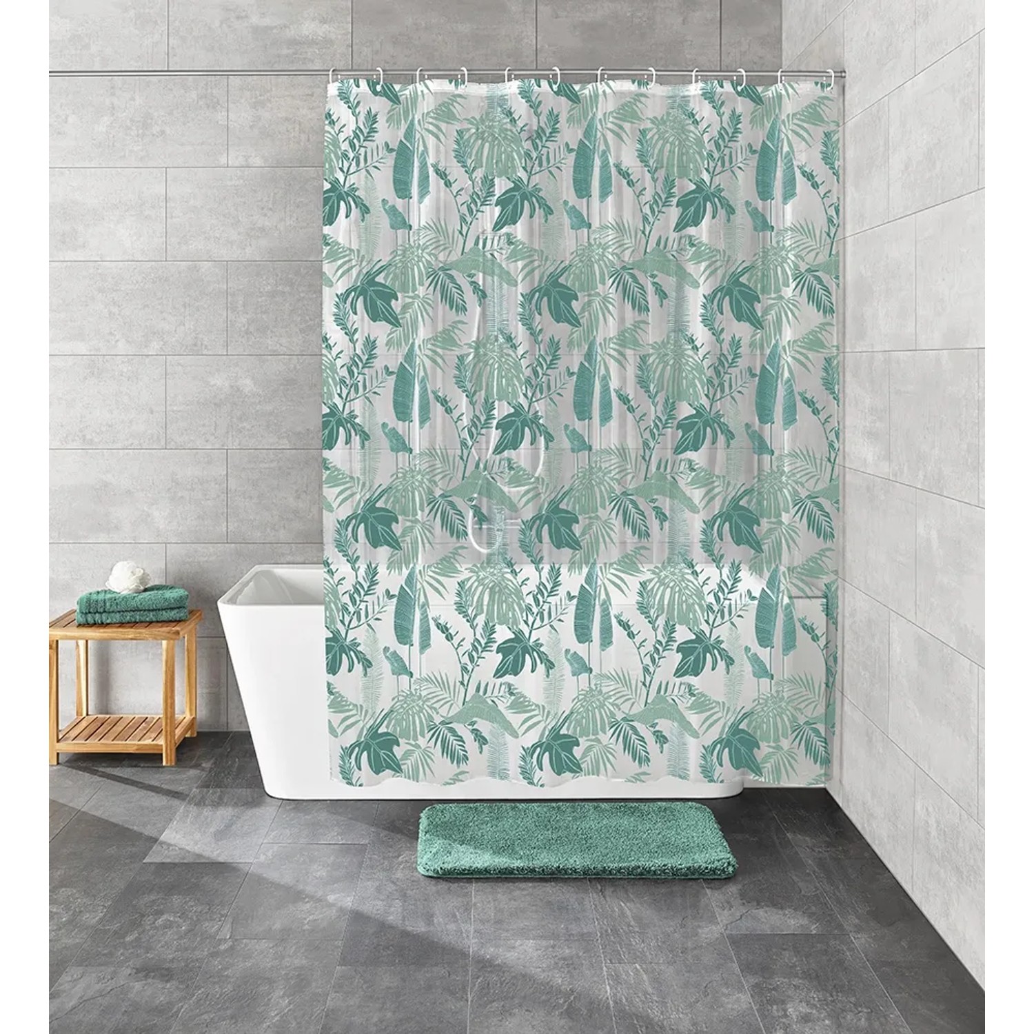 Kleine Wolke Duschvorhang Philo, 180x200 cm, Grün mit Blätter-Print im Badezimmer.