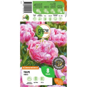 GROW by OBI Tulpe Finola Rosa, 8 Stück, gefüllte, rosa Tulpenblüten auf der Verpackung.