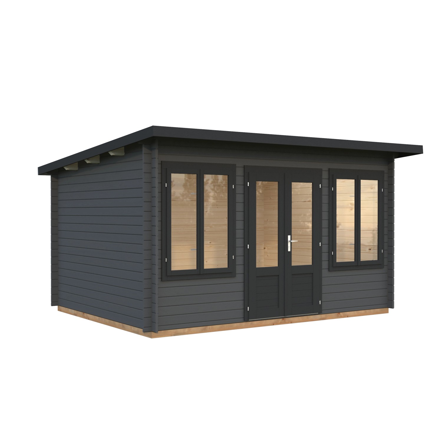Palmako Gartenhaus Lisa, 400x300 cm, lackiert in Grau-Anthrazit. Holz-Gartenhaus mit Doppeltür und Doppelfenster.