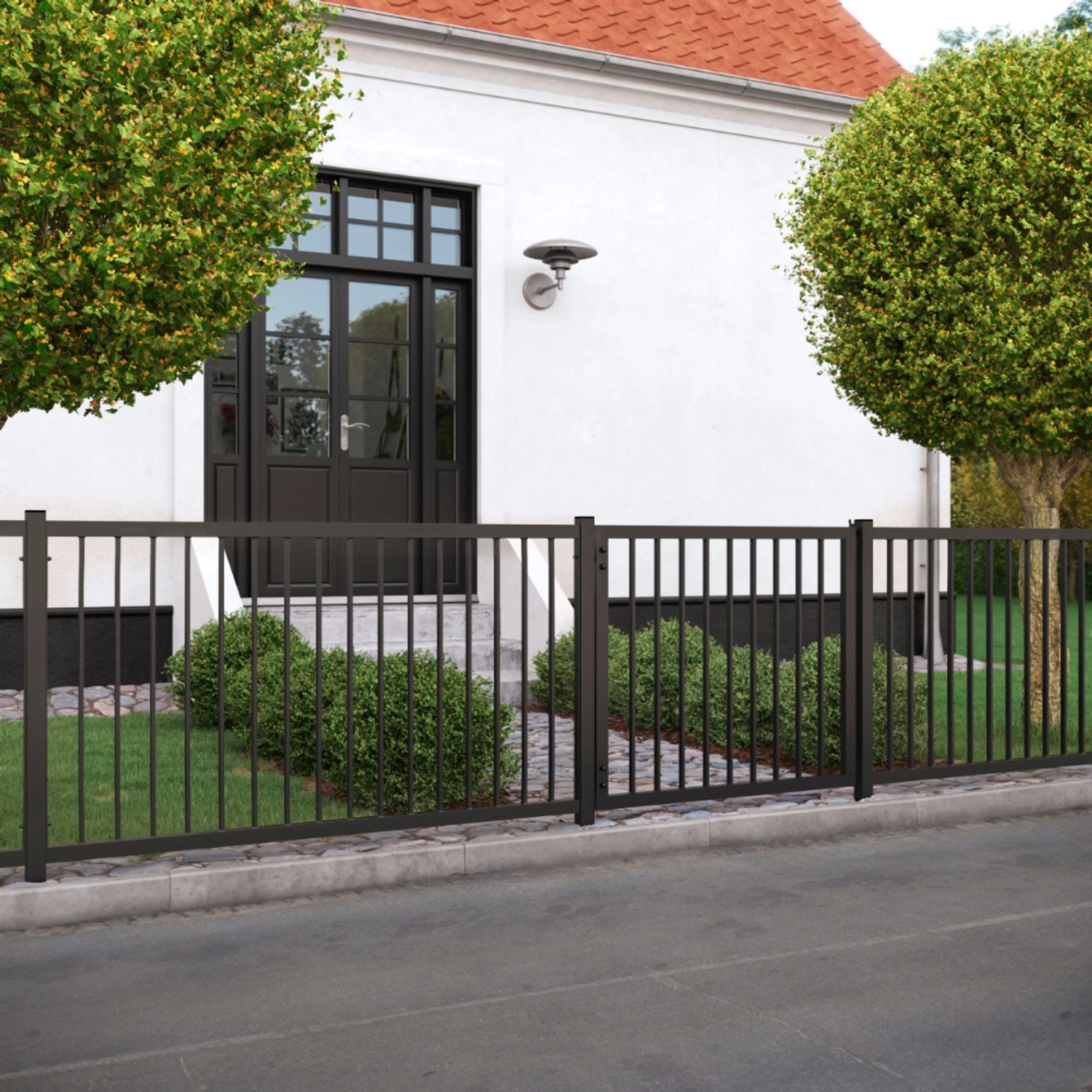 Schwarzer Vorgartenzaun Basic aus Stahl, 150x85 cm, vor einem Haus. Gartenzaun zur Abgrenzung und Dekoration.