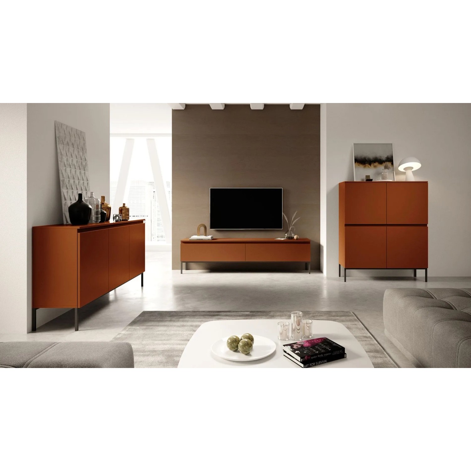 Selsey Highboard Bemmi, ziegelrot, 100 cm hoch, 4 Türen, schwarze Metallbeine. Modernes Stauraummöbel.