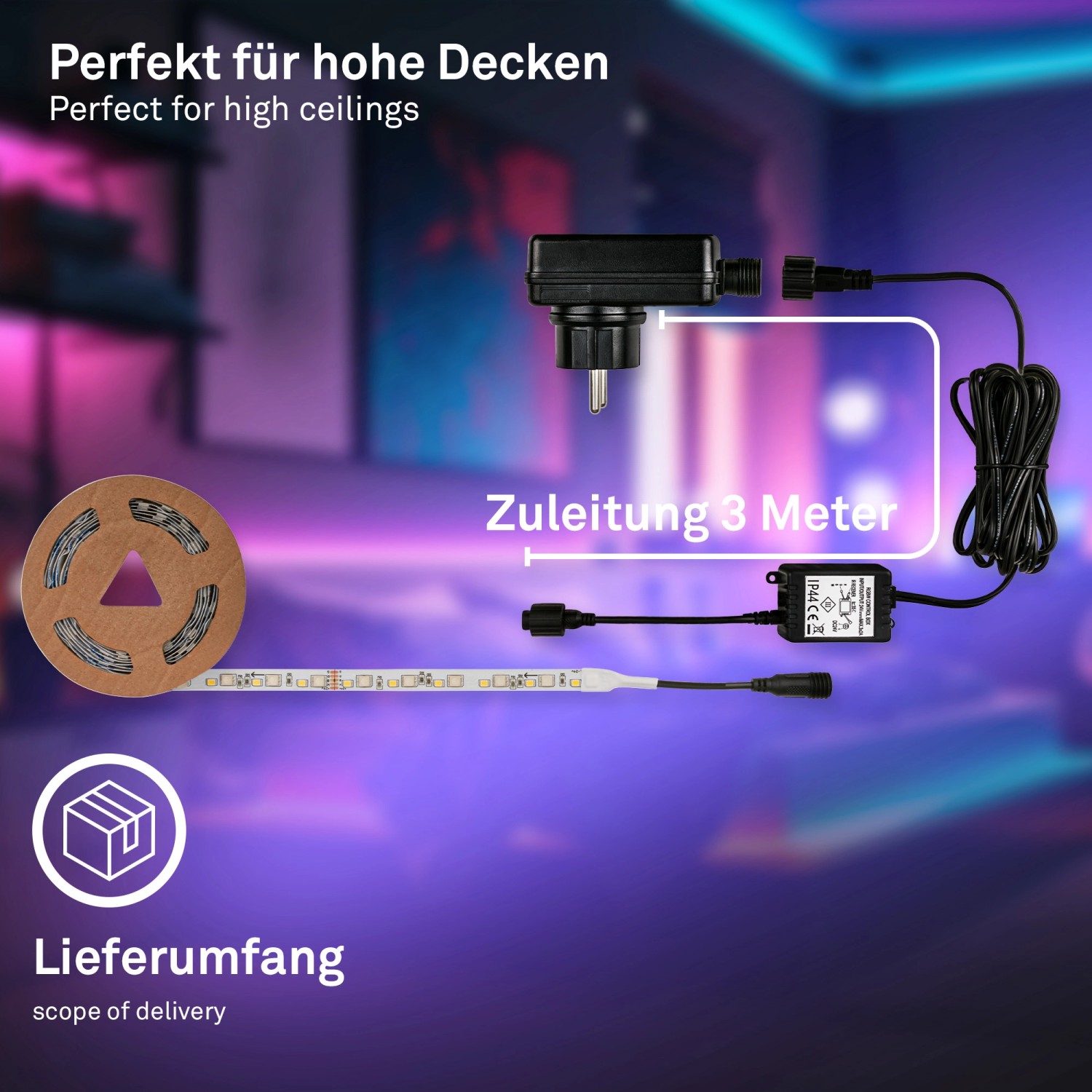 Briloner LED-Band Starter-Set: RGB/W, 2 m, IP44, mit Zubehör wie Trafo und Zuleitung.