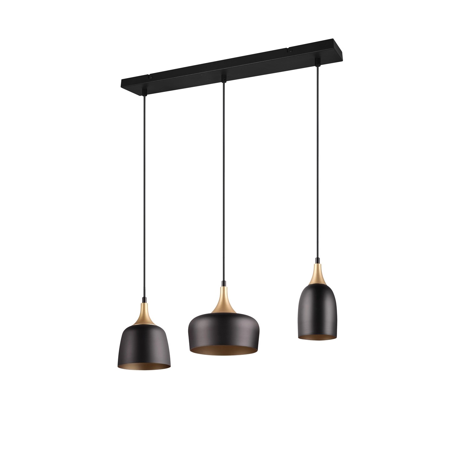 Moderne Trio Pendelleuchte Chiraz, 3-flammig, schwarz matt mit goldenen Akzenten.