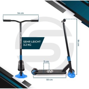 Blauer Sportisfaction Stuntscooter mit ABEC11 Kugellager, belastbar bis 100kg.