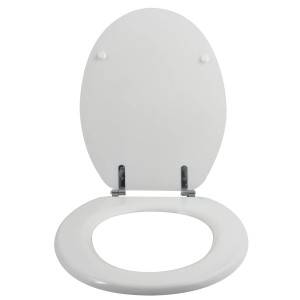 Weißer MSV WC-Sitz Cleo aus MDF mit Edelstahlscharnieren, geöffnet.