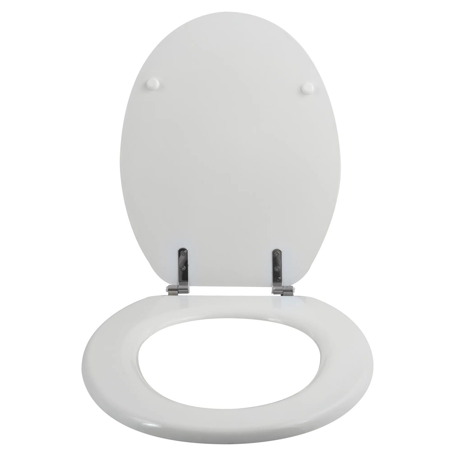Weißer MSV WC-Sitz Cleo aus MDF mit Edelstahlscharnieren, geöffnet.
