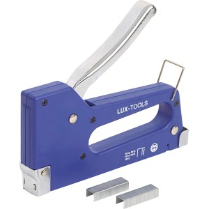 LUX Handtacker Classic, blau, mit Klammern. Geeignet für Paneele und Isolierstoffe.