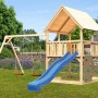 Karibu Spielturm Luis mit Doppelschaukel, blauer Rutsche und Kletterwand im Garten.