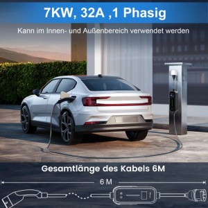 Junsun 7kW EV Ladestation lädt Elektroauto mit Typ 2 Kabel. 6m Ladekabel, 32A, 1-phasig. Für Innen- & Außenbereich.