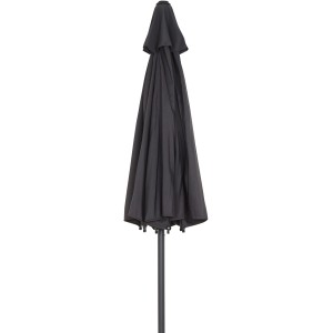 Geschlossener, anthrazitfarbener Siena Garden Marktschirm Ø 300 cm mit Kurbelmechanik.