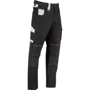Schwarze Arbeits-Hose mit reflektierenden Details, vielen Taschen und Knietaschen. Strapazierfähige Bau-Arbeitsbekleidung.