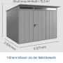 Ecostar Gerätehaus Elegant, Pultdach, Graualuminium. Metall Gerätehaus mit Einzeltür und Maßangaben.