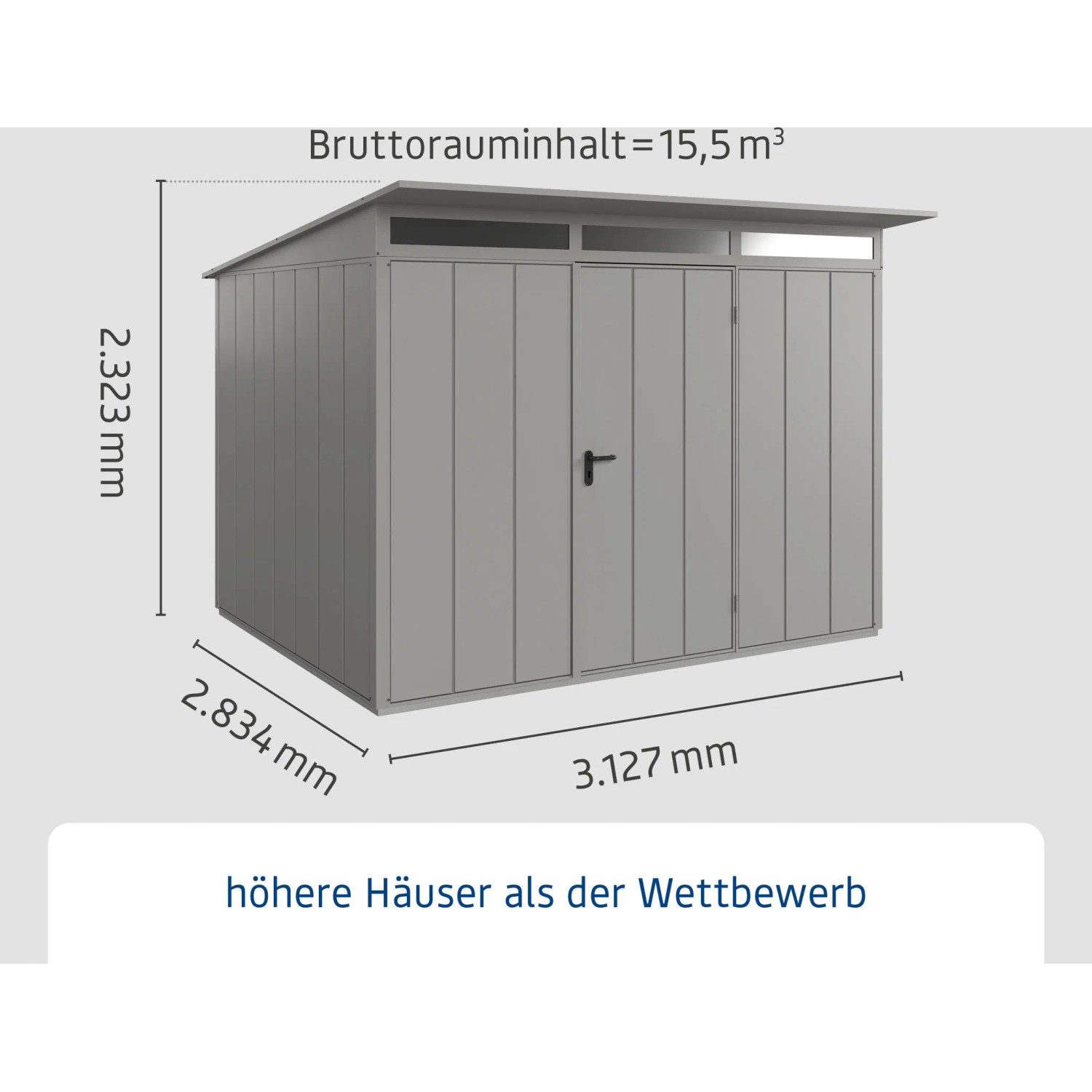 Ecostar Gerätehaus Elegant, Pultdach, Graualuminium. Metall Gerätehaus mit Einzeltür und Maßangaben.