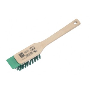 LUX Rasenmäher-Bürste mit Holzgriff und Schaber für die Reinigung von Rasenmähern.