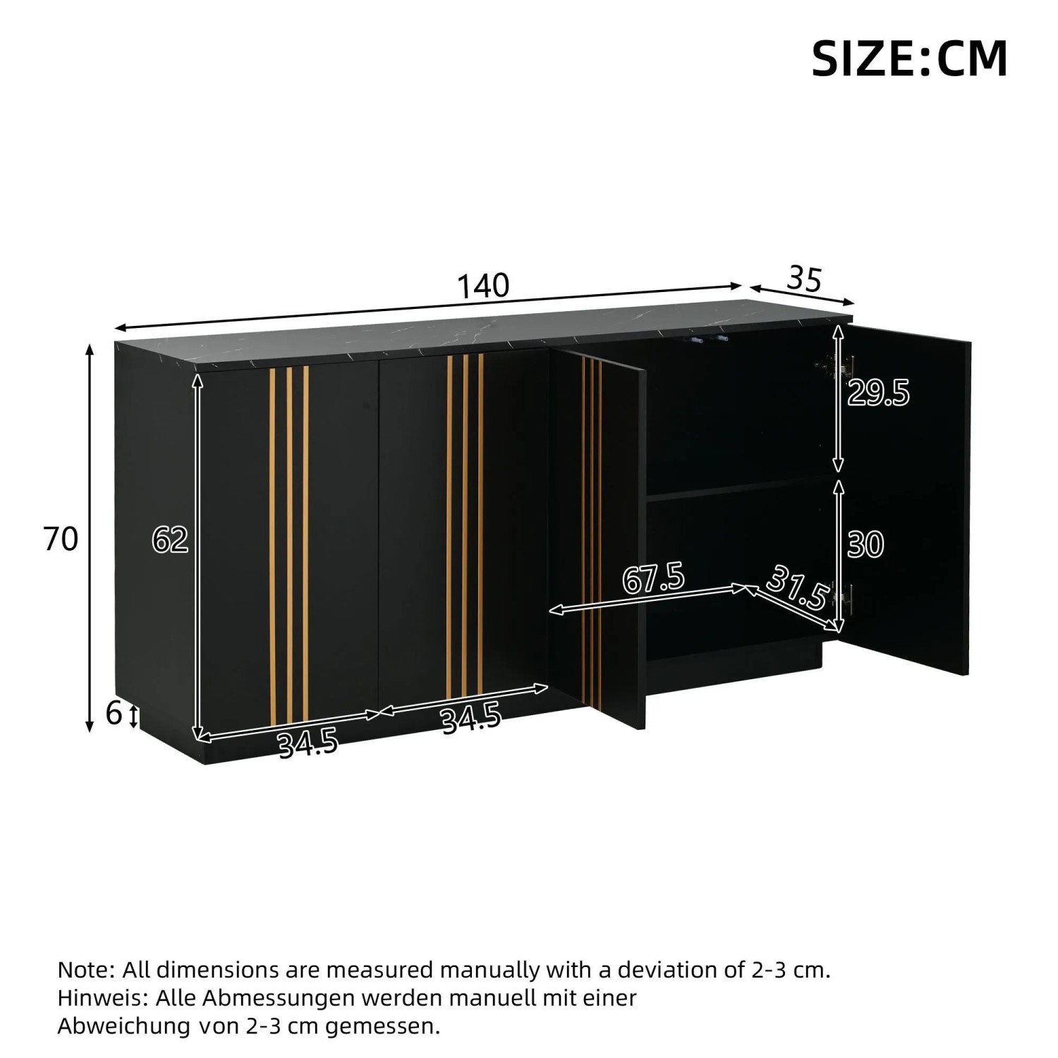 okwish Sideboard mit 4 Türen Verstellbaren Trennwänden Wohnzimmer 140x35x70cm Schwarz_5