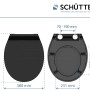 Schwarzer Schütte WC-Sitz Duroplast Slim mit Maßen und Absenkautomatik.