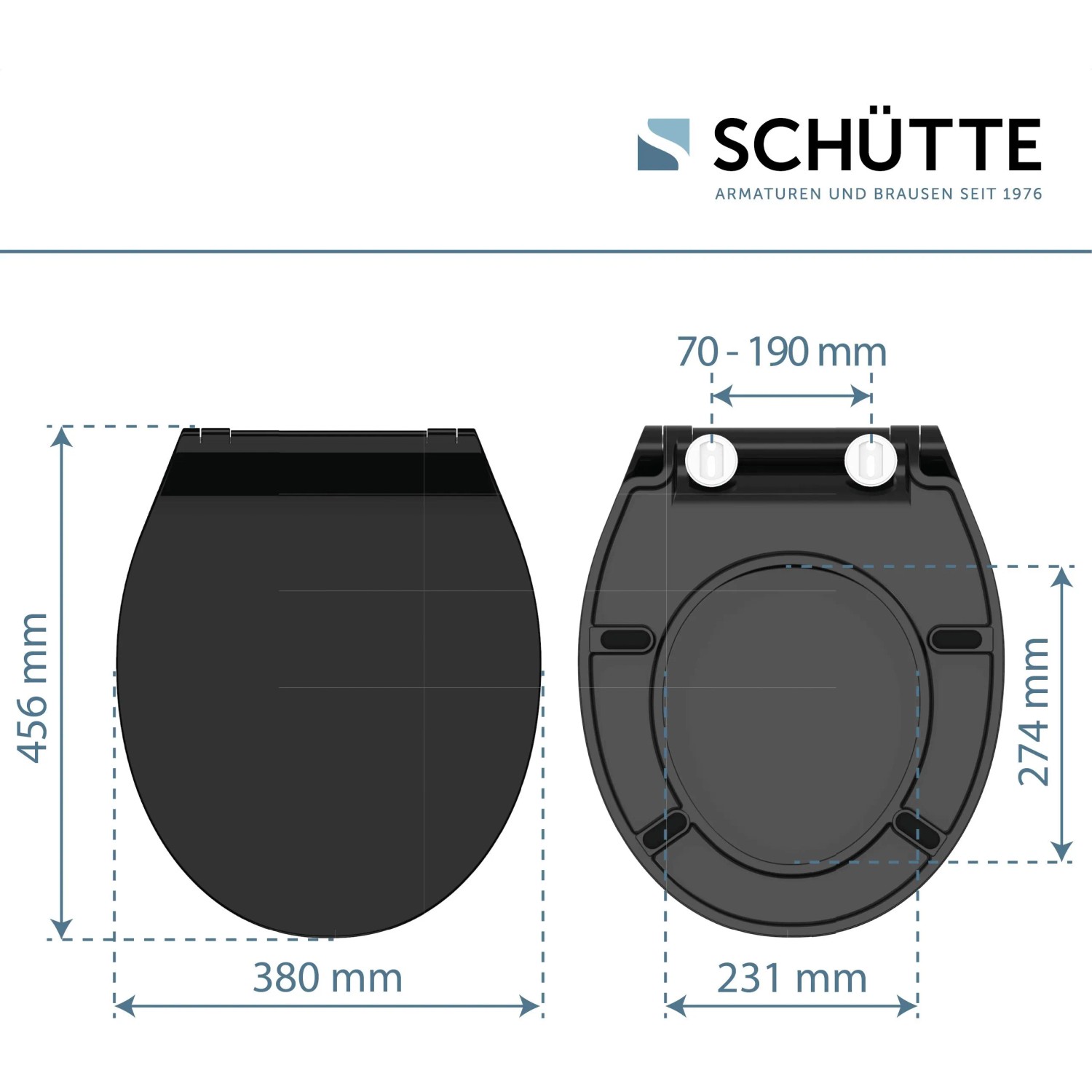 Schwarzer Schütte WC-Sitz Duroplast Slim mit Maßen und Absenkautomatik.