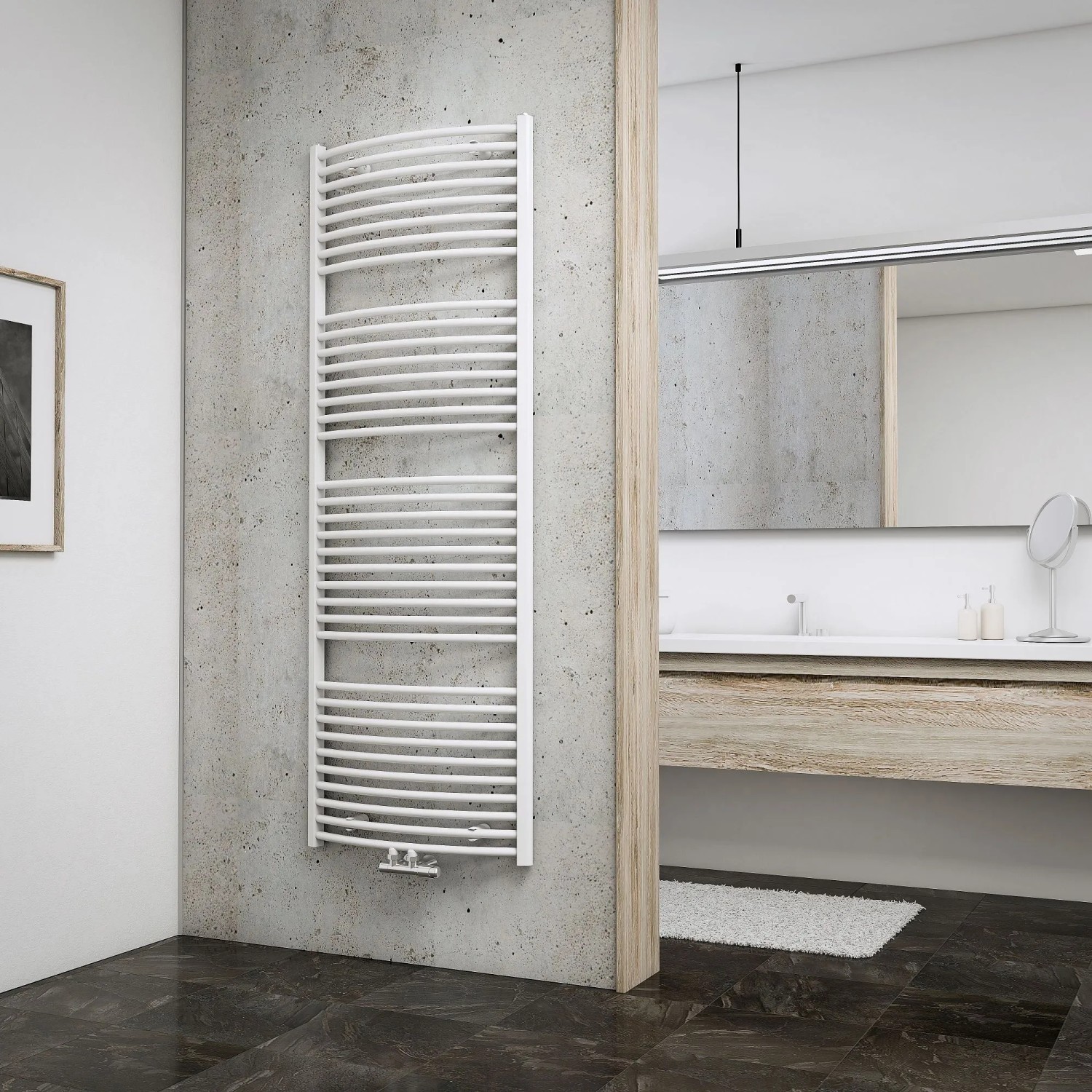 Weißer Schulte Design-Heizkörper mit Mittenanschluss im Badezimmer.