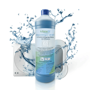 Blaue Lifenaxx Reinigungslösung LX-077 für Fenster Roboter, 1 Liter, mit Wasserspritzern und Gerät.