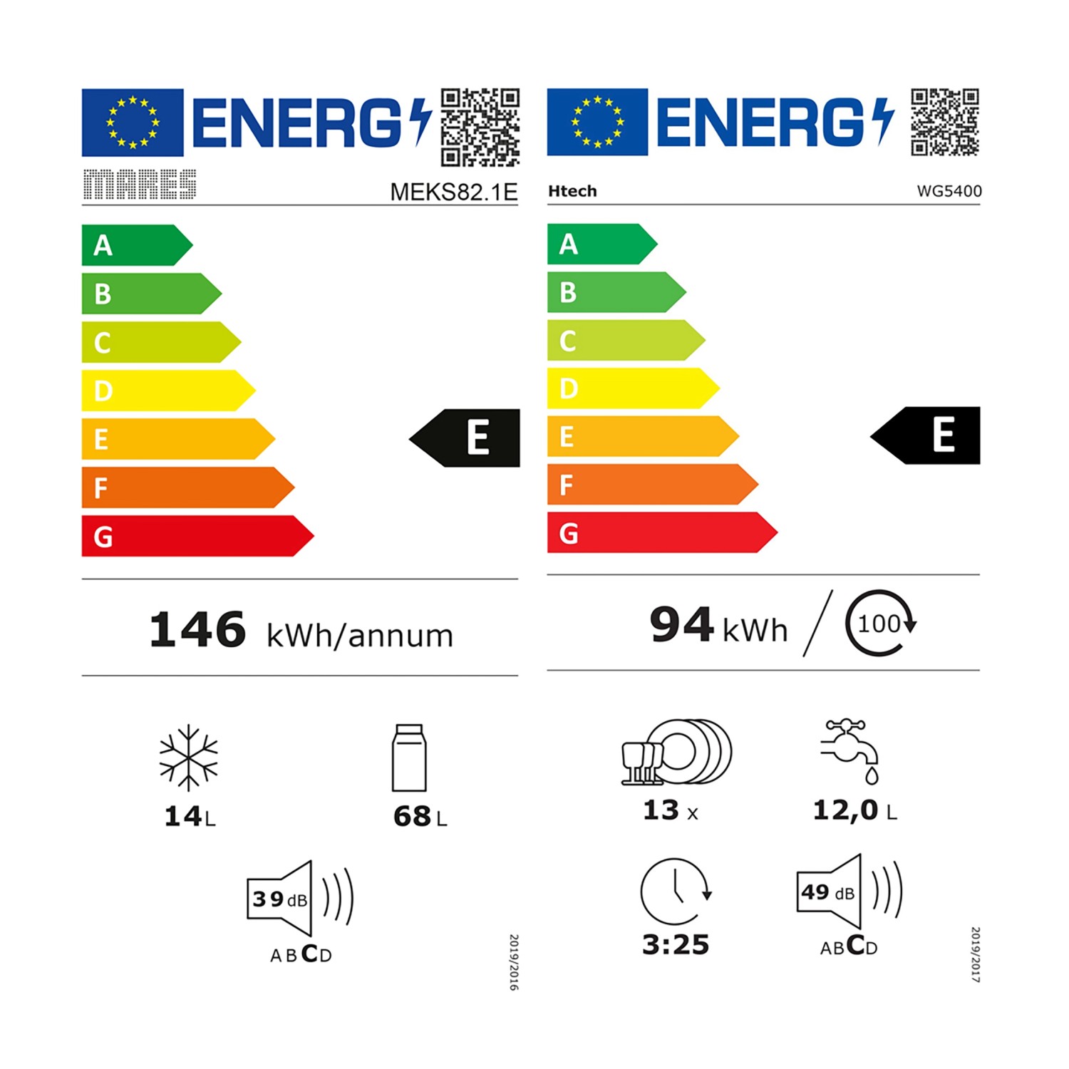 Energieetikett für Kühlschrank und Geschirrspüler mit Energieeffizienzklasse E.