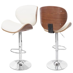Barhocker Arklow mit Walnuss-Optik und creme Kunstleder, höhenverstellbar und drehbar.