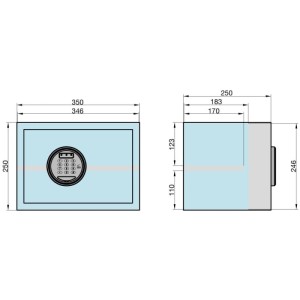 Abbildung eines Basi Elektronik Möbeltresors EMT 250 mit Maßangaben.